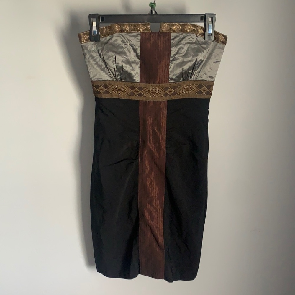 Nicole Miller Strapless Colorblock Dress in Black, Brown, and Silver
